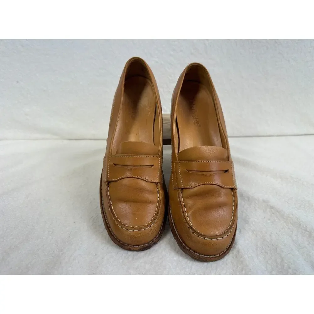 Timberland Brown Leather Kiltie Loafers Moc Toe Slip On Lug Sole Women's SZ 7